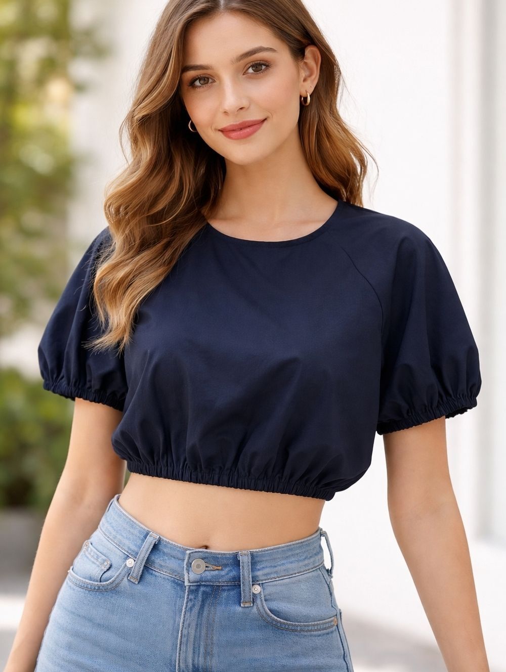 A New Day NWT 100% Cotton Black Crop Top, Puff Sleeves, M